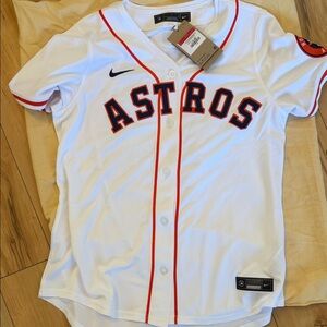Nike White Astros Baseball Jersey with Orange Trim and Navy Lettering